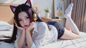 床上猫耳饰少女