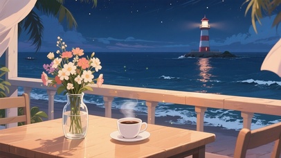夜晚海边小屋窗边的咖啡