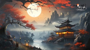 古风月夜山水江边阁楼