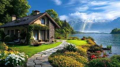 清新户外湖畔房屋