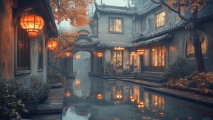 秋日淅沥小雨庭院