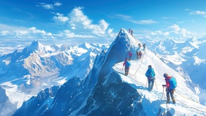 在山脊攀爬的登山队