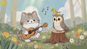 治愈系画风格小猫咪弹吉他