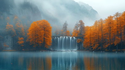 橙红秋林与山间飞瀑