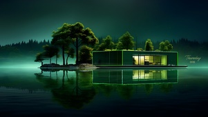 绿色湖水森林小屋
