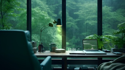 4K 幽静书房听雨	