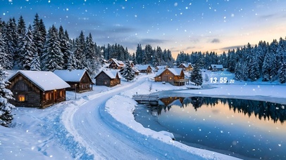 唯美雪夜湖泊村庄