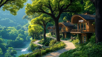 护眼山上绿树房屋