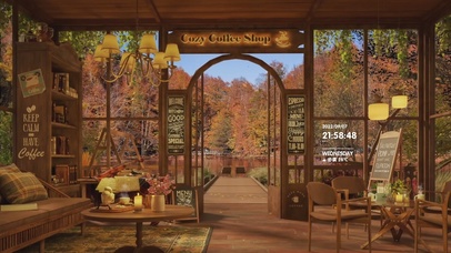 秋季湖边咖啡厅