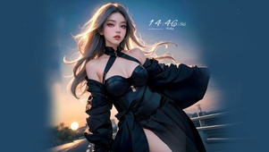 傍晚公路上的黑衣少女