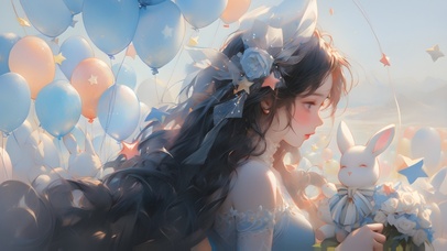 蓝色唯美气球女孩