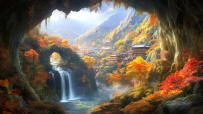 秋天山洞外的村庄