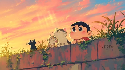 夕阳院墙上小新