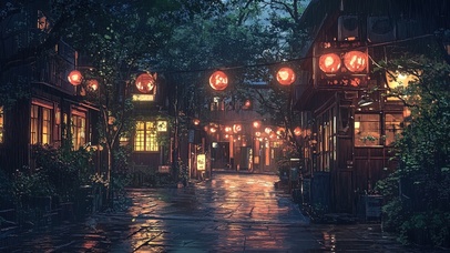 静谧雨夜小城风景