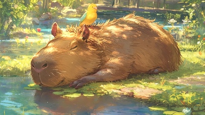 油画风格阳光水边睡觉的卡皮巴拉