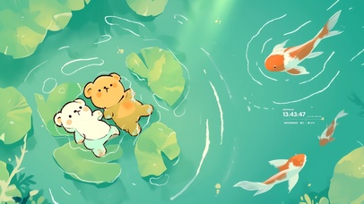 池塘荷叶上小熊