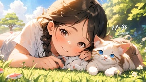 草地撒欢少女与猫