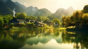 清新护眼绿色湖水大山