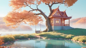 秋天湖边秋千小屋