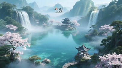 群山瀑布樱花岛