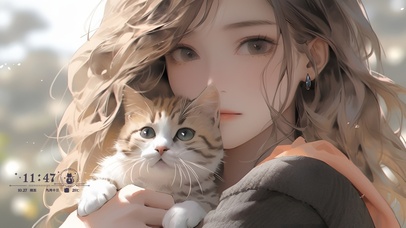 长发美女和可爱猫咪