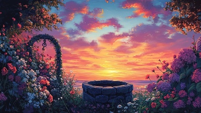 花园水井上的晚霞落日