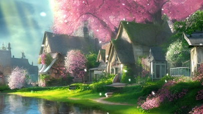 春天河边欧洲小屋