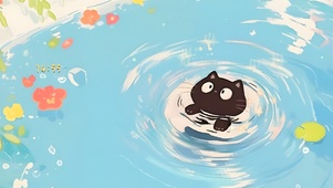 泳池可爱小黑猫