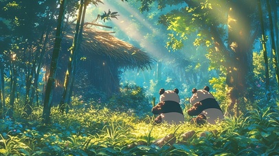 唯美治愈竹林中的熊猫兄弟