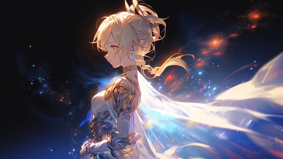 暗调星空里侧立的金发少女，鎏金衣裙配飞扬白披风，暖光勾边梦幻感十足。
