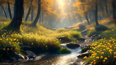 秋日童话森林小溪流