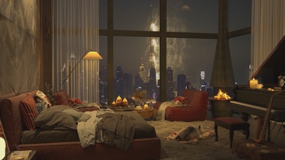 唯美治愈新年城市烟花房间