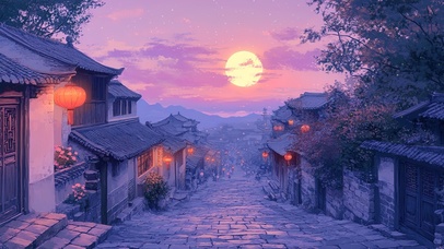 唯美紫色晚霞古镇