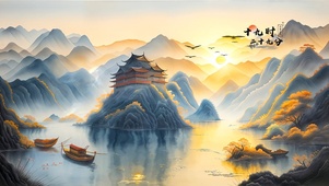 夕照雁归湖