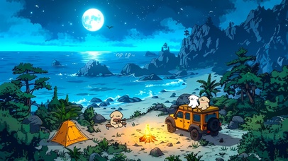 线条小狗海滩露营