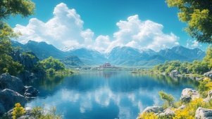 蓝天白云山水