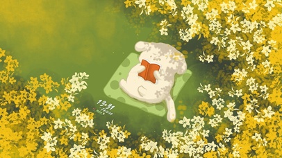 黄花风铃木下的看书小狗