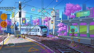 4K 日系城市樱花列车轨道风景