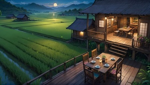 夜晚稻田中的小屋