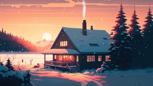 4K唯美治愈夕阳动漫木屋雪景