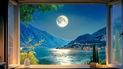 清新夜晚窗边湖泊