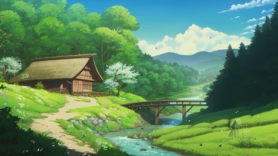 蓝天白云溪流树木景色