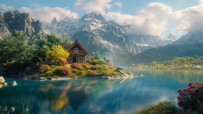 4K 高山流水 蓝天白云