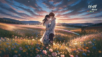 唯美夕阳花海情侣