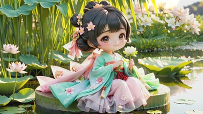 4K坐在池塘可爱的古风少女