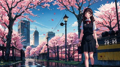 唯美樱花街道少女