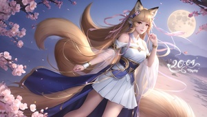唯美插画九尾女孩