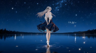 星空下湖面女孩