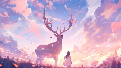 晚霞下少女与麋鹿