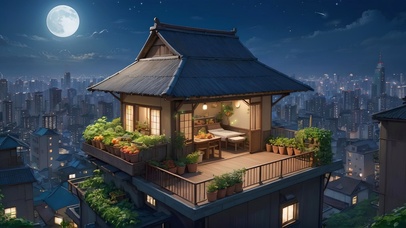 夜晚楼顶的小屋